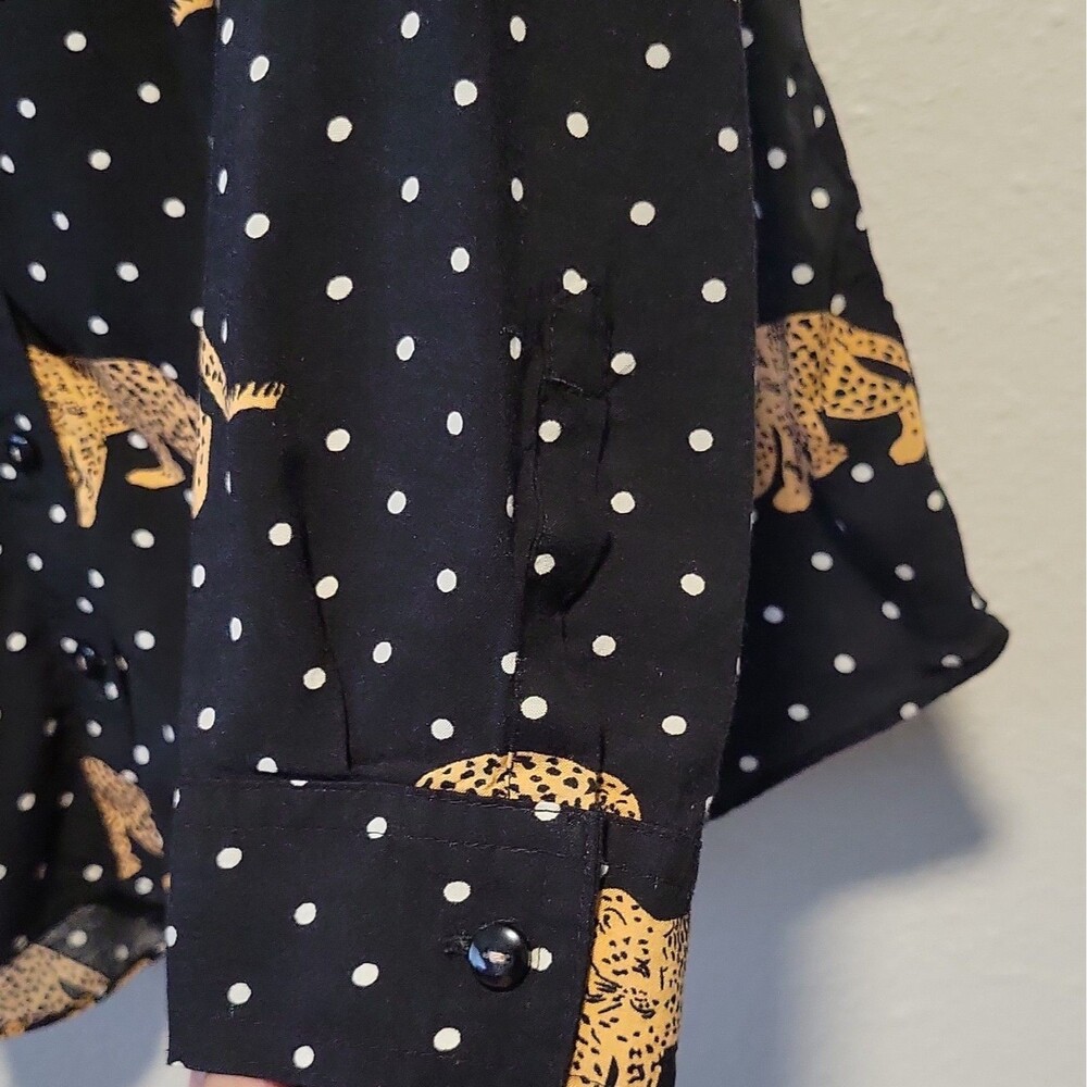 Maeve 4 Black Polka Dot Cheetah Button-Up Blouse Collared Long Sleeve Rayon - Picture 3 of 8